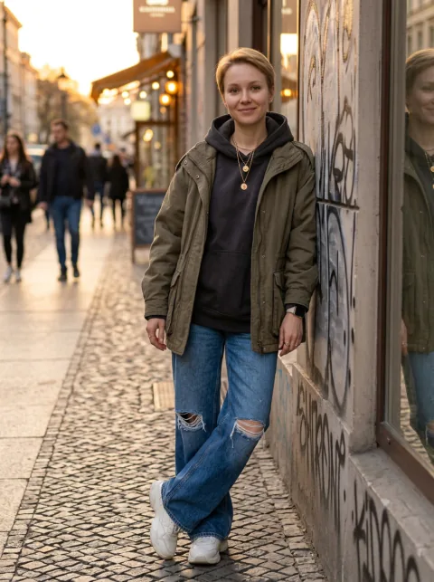 The same generated model, streetwear scene